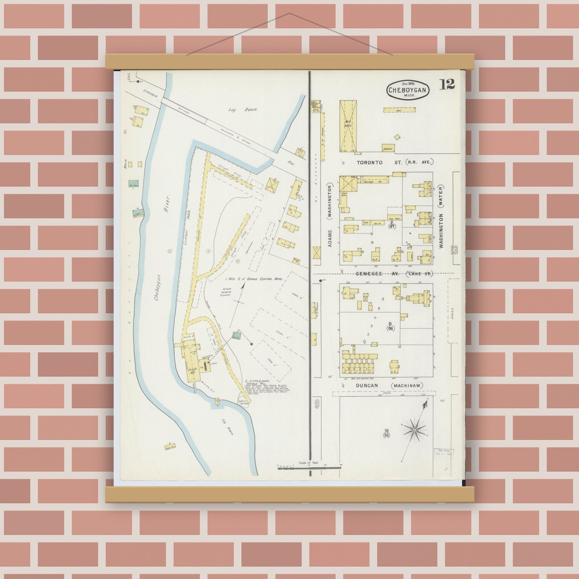 Old map wall art mockup — magnetic wood frame on brick wall — Sanborn Fire Insurance Map from Cheboygan, Cheboygan County, Michigan (1895), Sheet #0012