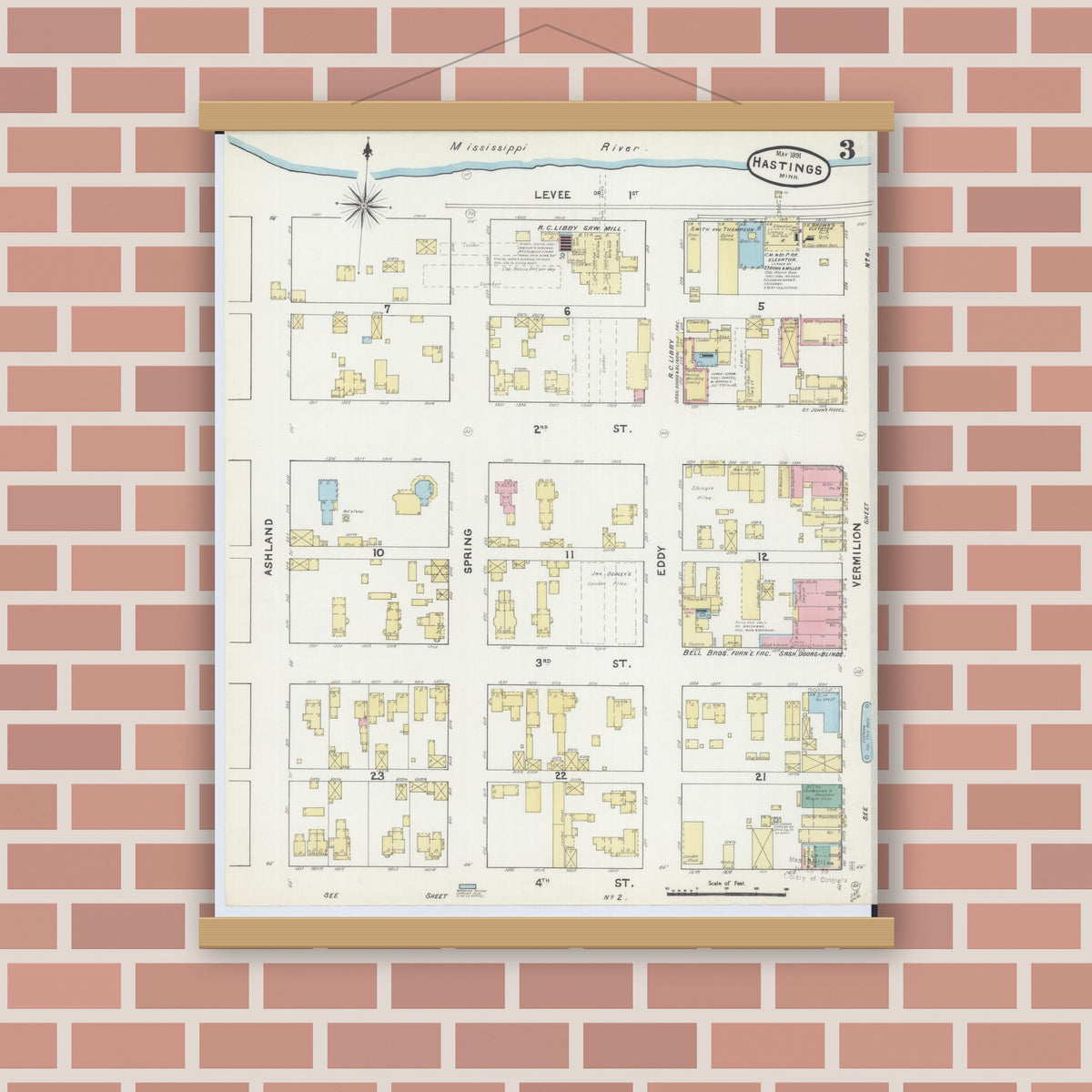 Old map wall art mockup — magnetic wood frame on brick wall — Sanborn Fire Insurance Map from Hastings, Dakota County, Minnesota (1891), Sheet #0003