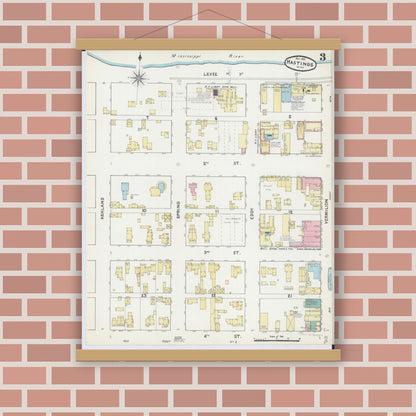 Old map wall art mockup — magnetic wood frame on brick wall — Sanborn Fire Insurance Map from Hastings, Dakota County, Minnesota (1891), Sheet #0003