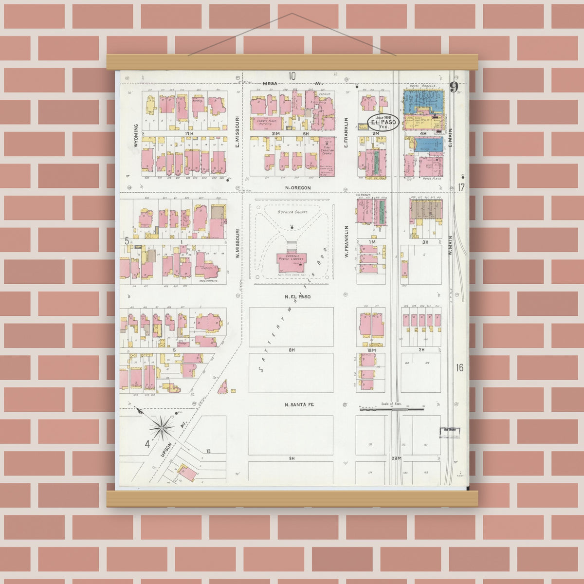 Old map wall art mockup — magnetic wood frame on brick wall — Sanborn Fire Insurance Map from El Paso, El Paso County, Texas (1905), Sheet #0009