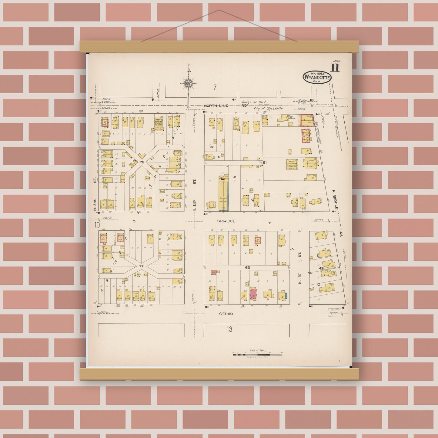 Old map wall art mockup — magnetic wood frame on brick wall — Sanborn Fire Insurance Map from Wyandotte, Wayne County, Michigan (1922), Sheet #0011