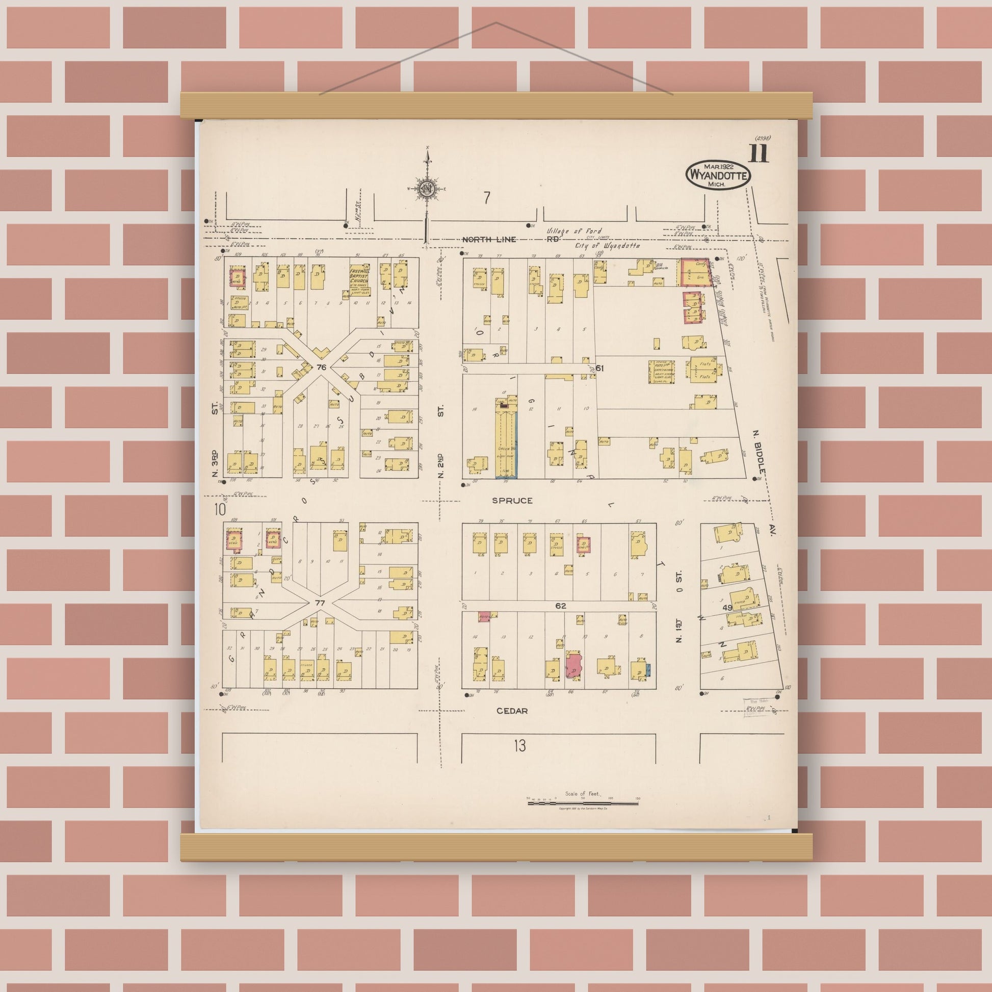 Old map wall art mockup — magnetic wood frame on brick wall — Sanborn Fire Insurance Map from Wyandotte, Wayne County, Michigan (1922), Sheet #0011