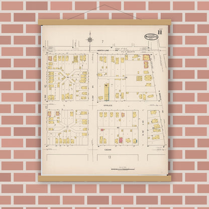 Old map wall art mockup — magnetic wood frame on brick wall — Sanborn Fire Insurance Map from Wyandotte, Wayne County, Michigan (1922), Sheet #0011