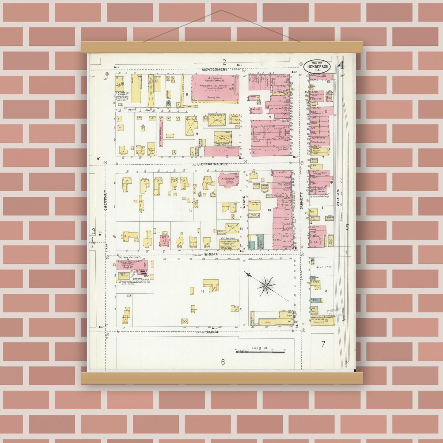 Old map wall art mockup — magnetic wood frame on brick wall — Sanborn Fire Insurance Map from Henderson, Vance County, North Carolina (1907), Sheet #0004