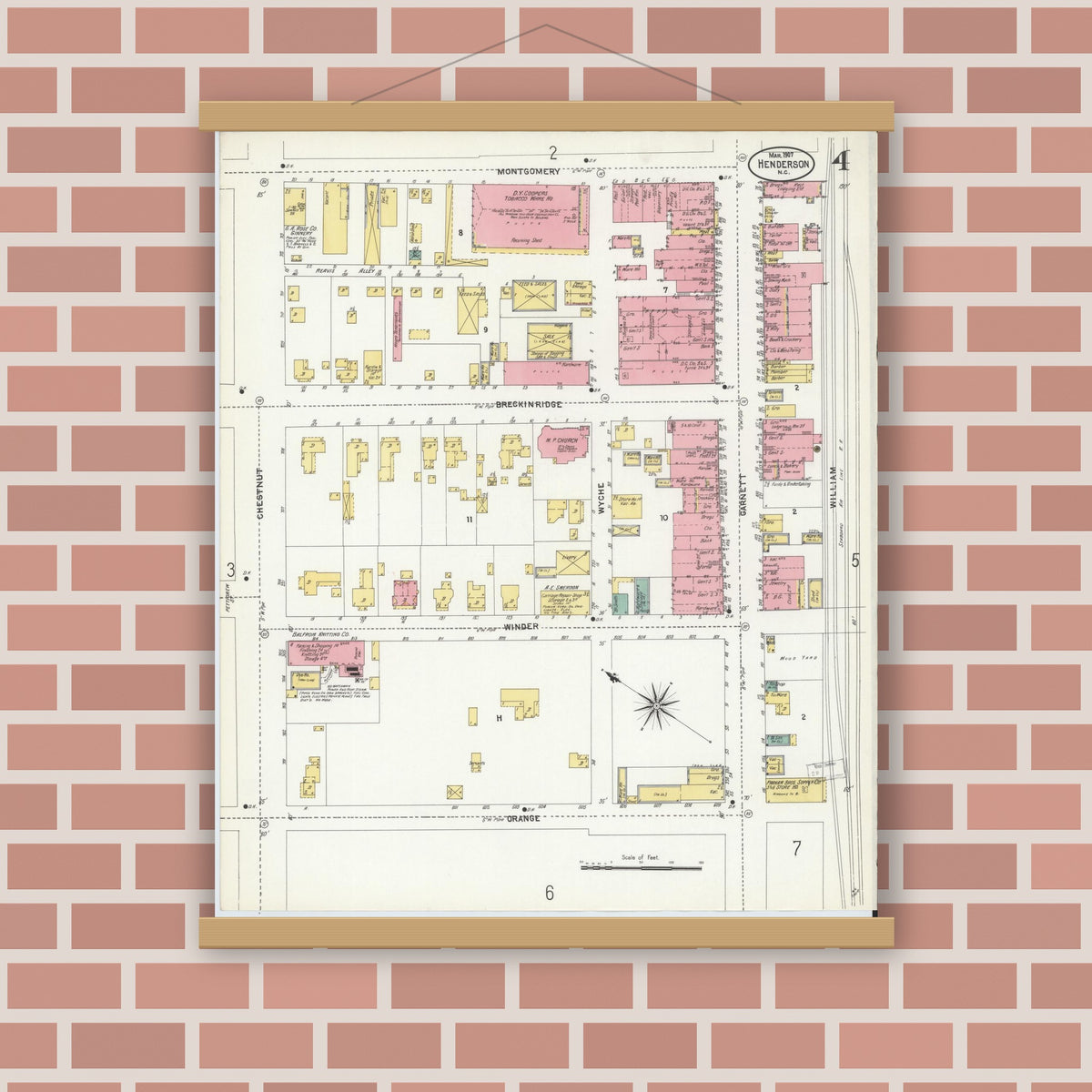 Old map wall art mockup — magnetic wood frame on brick wall — Sanborn Fire Insurance Map from Henderson, Vance County, North Carolina (1907), Sheet #0004