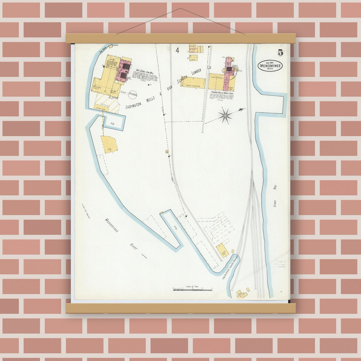 Old map wall art mockup — magnetic wood frame on brick wall — Sanborn Fire Insurance Map from Menominee, Menominee County, Michigan (1901), Sheet #0005