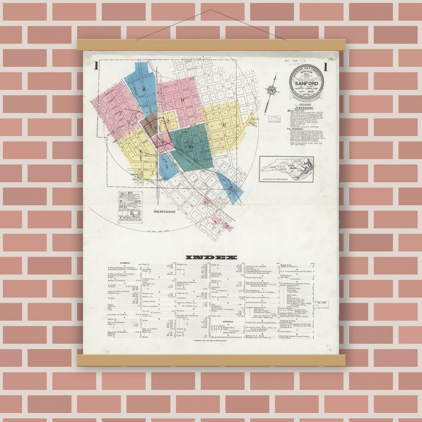 Old map wall art mockup — magnetic wood frame on brick wall — Sanborn Fire Insurance Map from Sanford, Lee County, North Carolina (1925), Sheet #0001