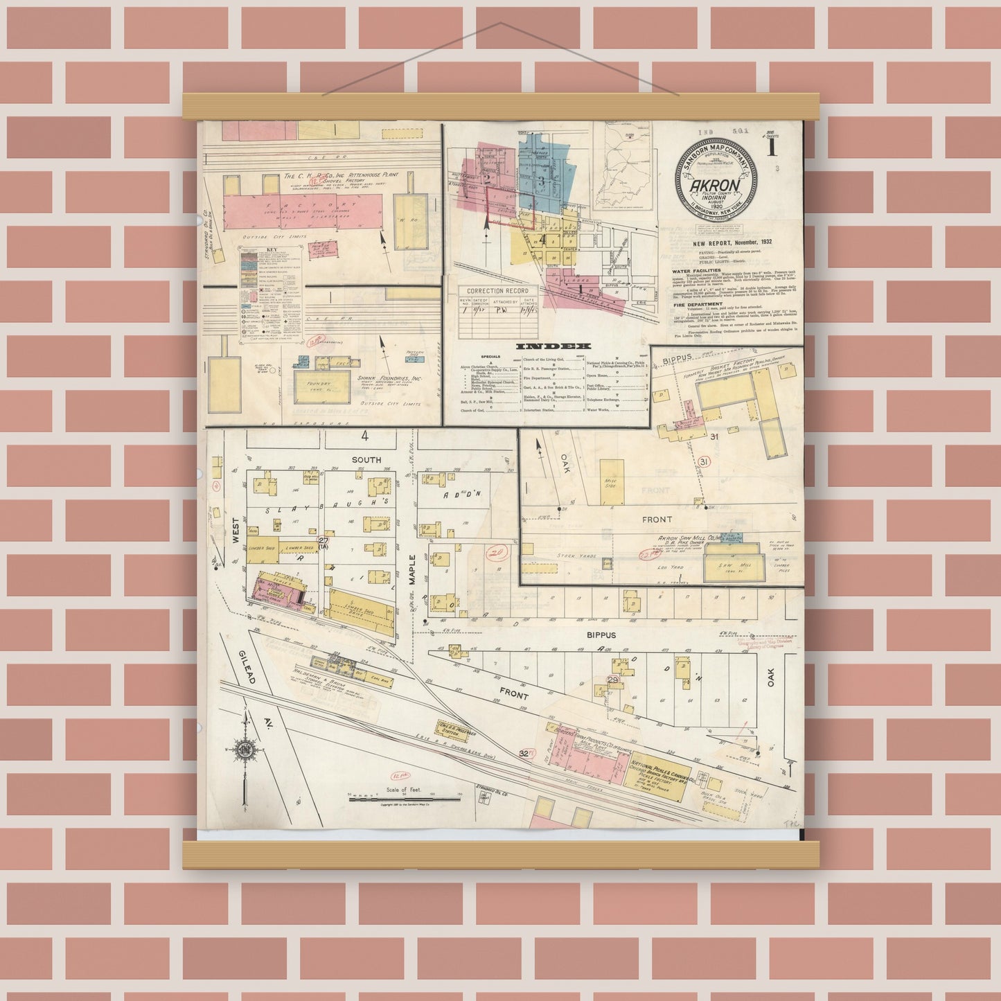 Old map wall art mockup — magnetic wood frame on brick wall — Sanborn Fire Insurance Map from Akron, Fulton County, Indiana (1932) - Complete Map Set