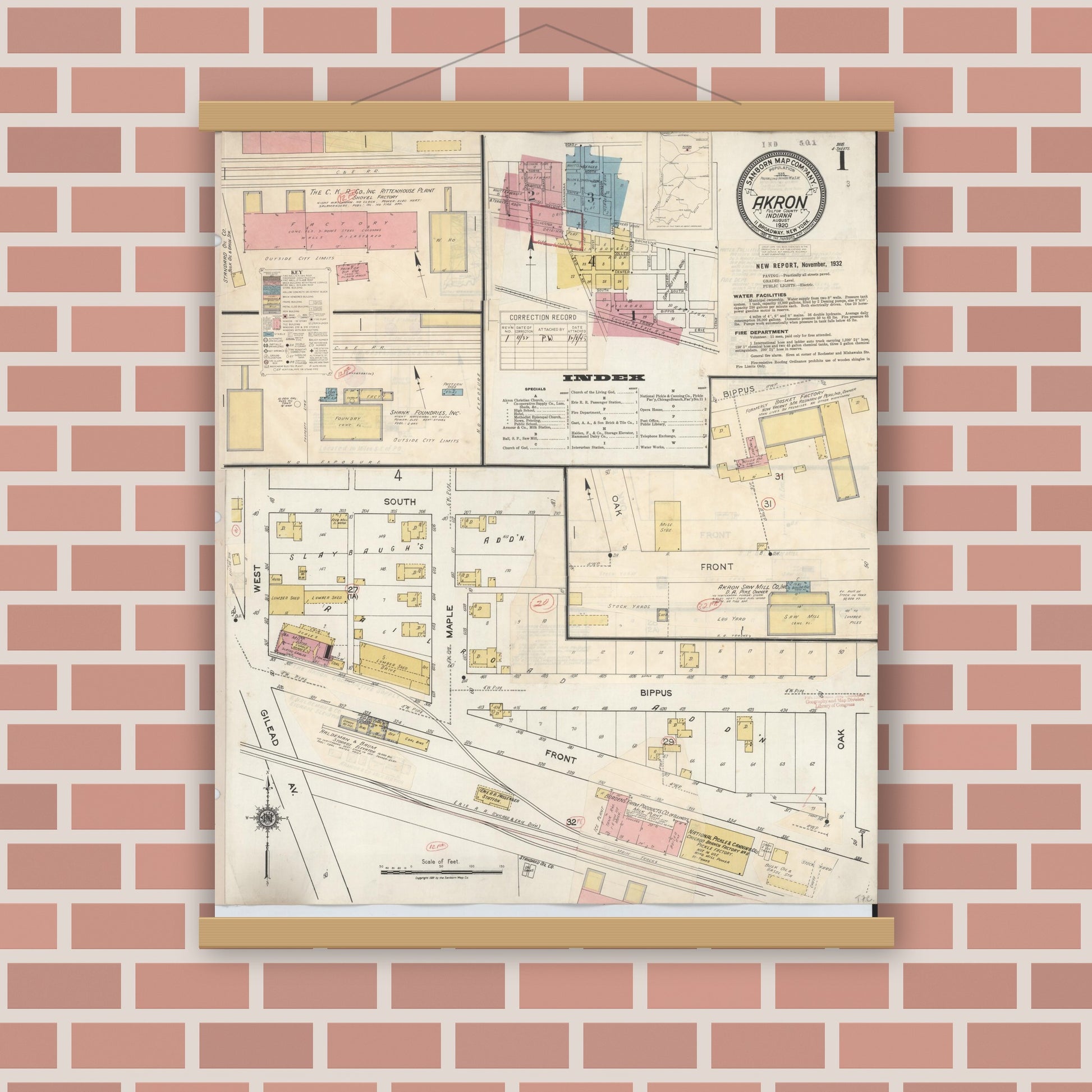 Old map wall art mockup — magnetic wood frame on brick wall — Sanborn Fire Insurance Map from Akron, Fulton County, Indiana (1932) - Complete Map Set