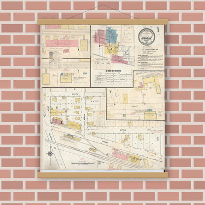 Old map wall art mockup — magnetic wood frame on brick wall — Sanborn Fire Insurance Map from Akron, Fulton County, Indiana (1932) - Complete Map Set
