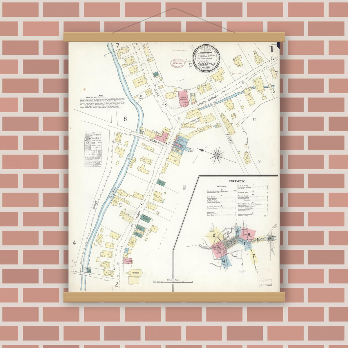 Old map wall art mockup — magnetic wood frame on brick wall — Sanborn Fire Insurance Map from Placerville, El Dorado County, California (1899) - Complete Map Set