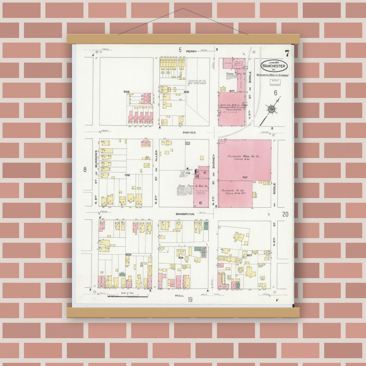 Old map wall art mockup — magnetic wood frame on brick wall — Sanborn Fire Insurance Map from Manchester, Chesterfield County, Virginia (1910), Sheet #0007
