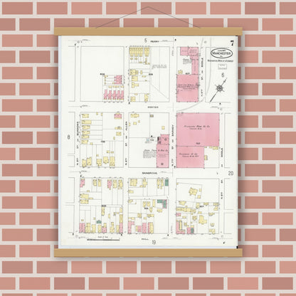 Old map wall art mockup — magnetic wood frame on brick wall — Sanborn Fire Insurance Map from Manchester, Chesterfield County, Virginia (1910), Sheet #0007