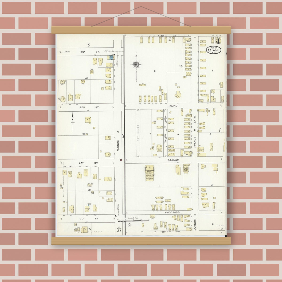 Old map wall art mockup — magnetic wood frame on brick wall — Sanborn Fire Insurance Map from Miami, Dade County, Florida (1914), Sheet #0004