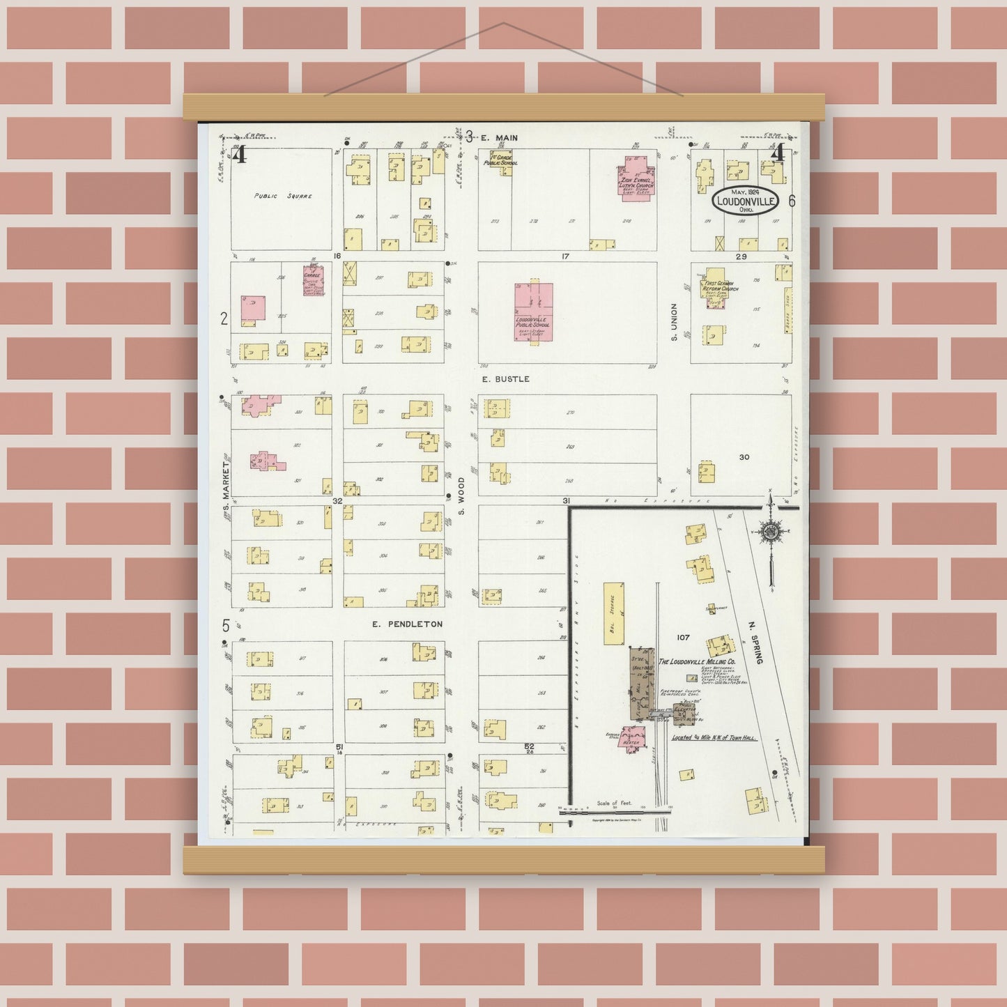 Old map wall art mockup — magnetic wood frame on brick wall — Sanborn Fire Insurance Map from Loudonville, Ashland County, Ohio (1924), Sheet #0004