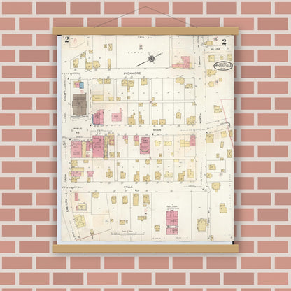 Old map wall art mockup — magnetic wood frame on brick wall — Sanborn Fire Insurance Map from Woodsfield, Monroe County, Ohio (1949), Sheet #0002