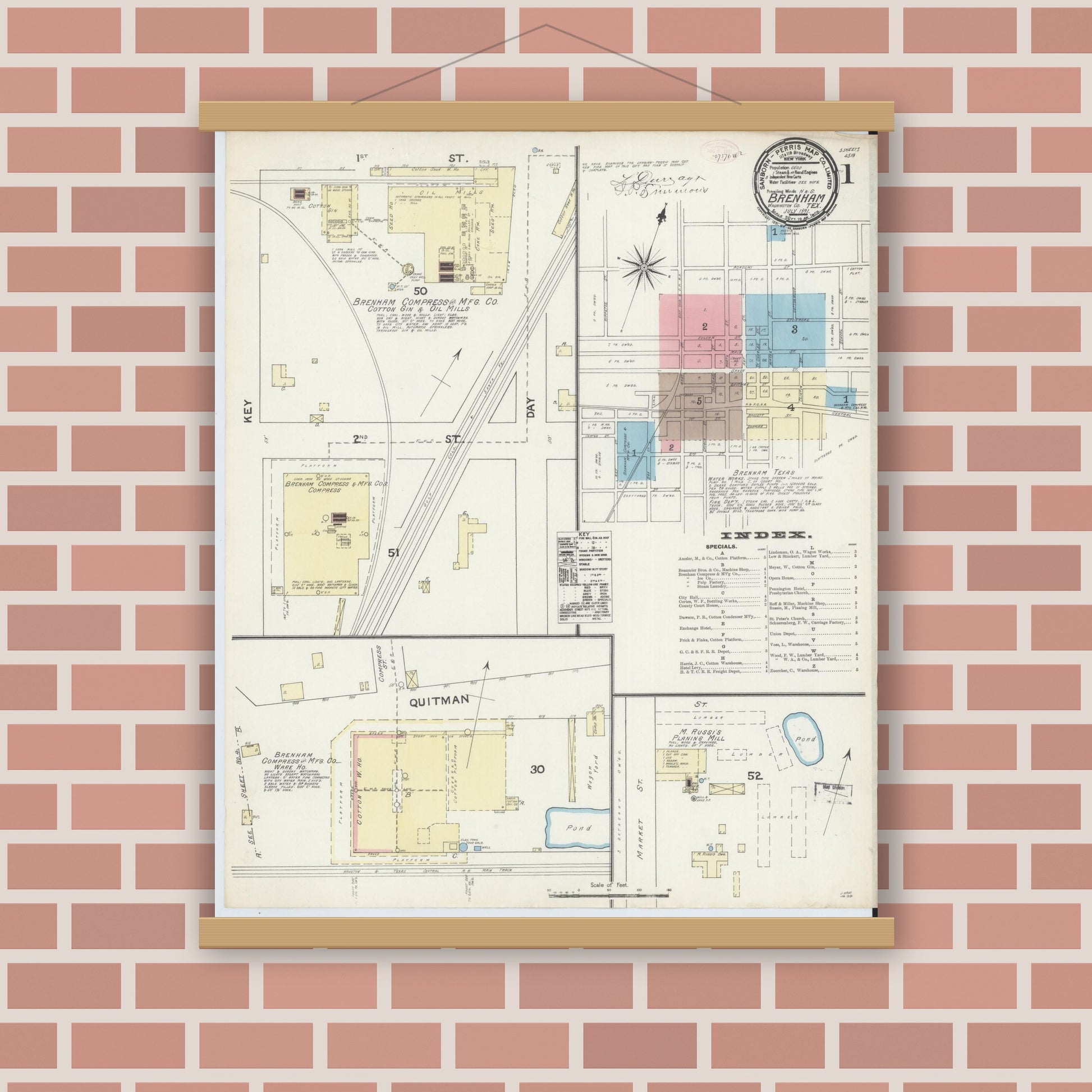 Old map wall art mockup — magnetic wood frame on brick wall — Sanborn Fire Insurance Map from Brenham, Washington County, Texas (1891), Sheet #0001