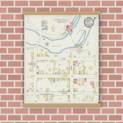 Old map wall art mockup — magnetic wood frame on brick wall — Sanborn Fire Insurance Map from Montgomery, Orange County, New York (1892), Sheet #0001