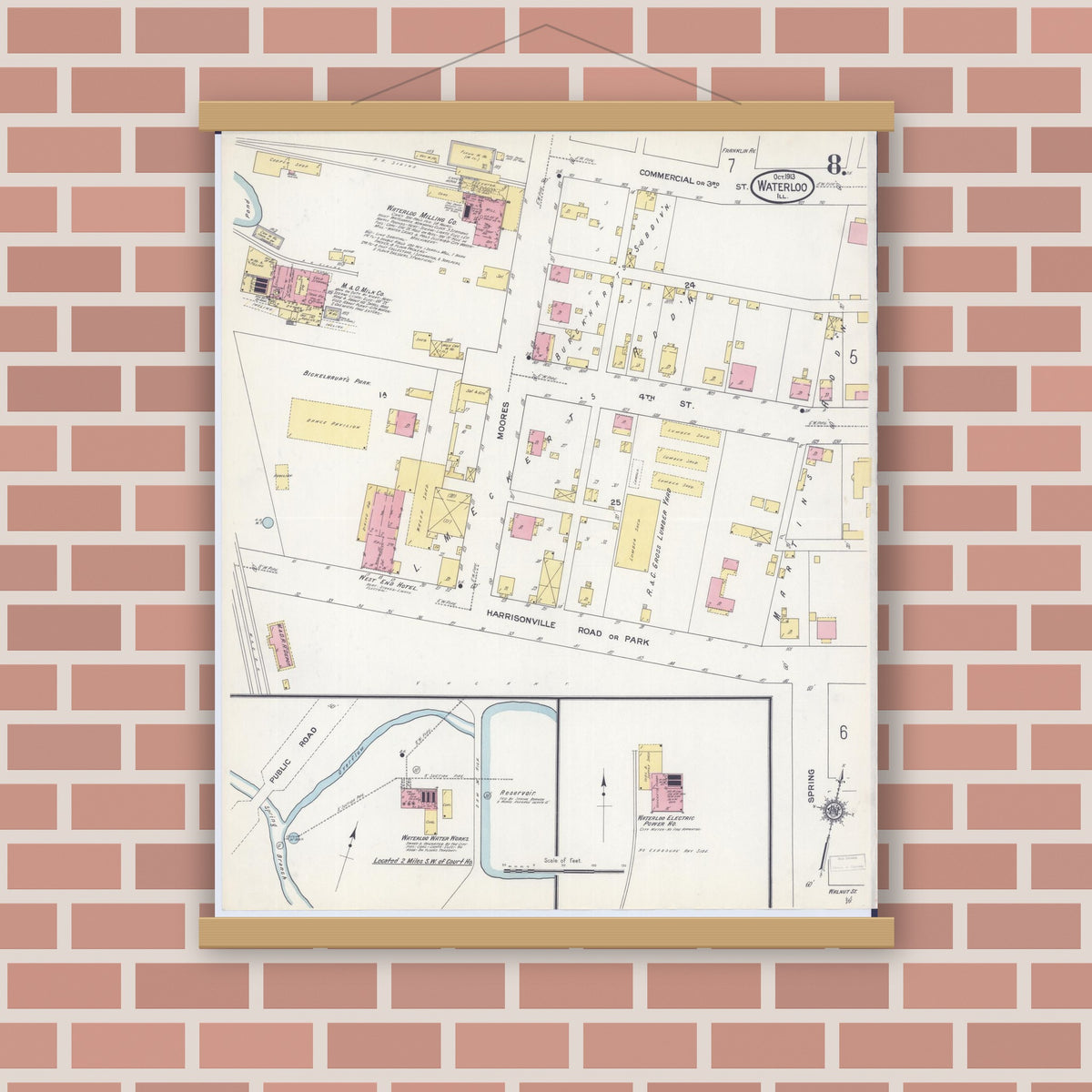 Old map wall art mockup — magnetic wood frame on brick wall — Sanborn Fire Insurance Map from Waterloo, Monroe County, Illinois (1913), Sheet #0008
