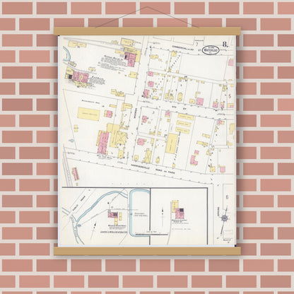 Old map wall art mockup — magnetic wood frame on brick wall — Sanborn Fire Insurance Map from Waterloo, Monroe County, Illinois (1913), Sheet #0008