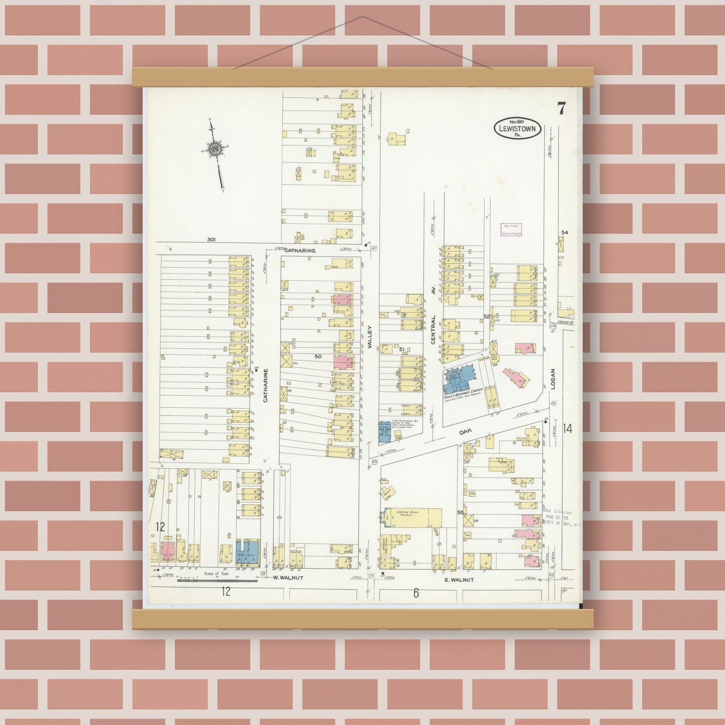 Old map wall art mockup — magnetic wood frame on brick wall — Sanborn Fire Insurance Map from Lewistown, Mifflin County, Pennsylvania (1910), Sheet #0007
