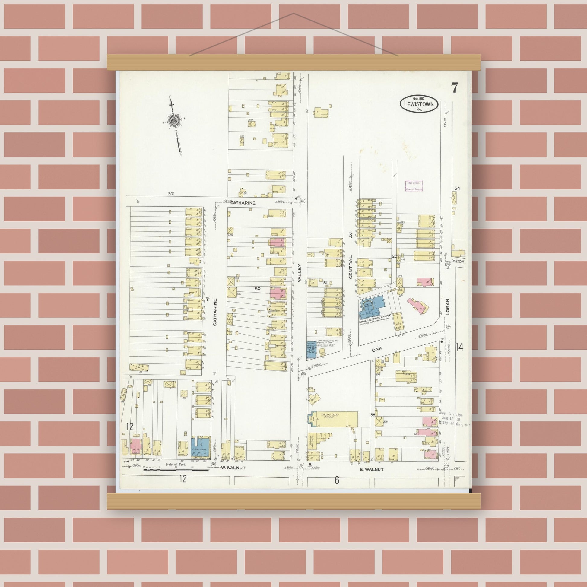 Old map wall art mockup — magnetic wood frame on brick wall — Sanborn Fire Insurance Map from Lewistown, Mifflin County, Pennsylvania (1910), Sheet #0007