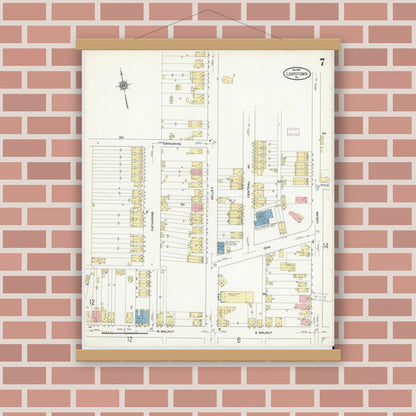 Old map wall art mockup — magnetic wood frame on brick wall — Sanborn Fire Insurance Map from Lewistown, Mifflin County, Pennsylvania (1910), Sheet #0007