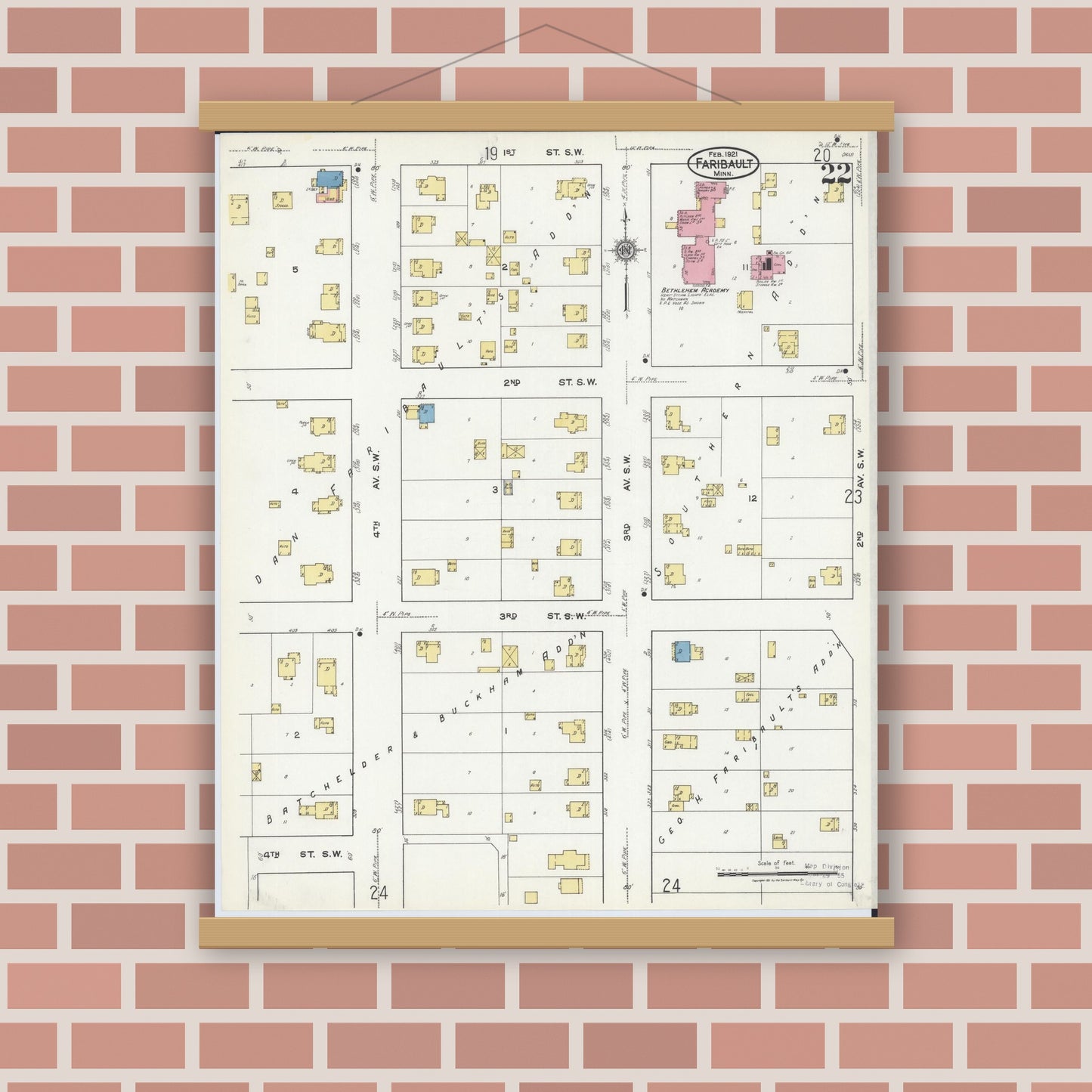 Old map wall art mockup — magnetic wood frame on brick wall — Sanborn Fire Insurance Map from Faribault, Rice County, Minnesota (1921), Sheet #0022
