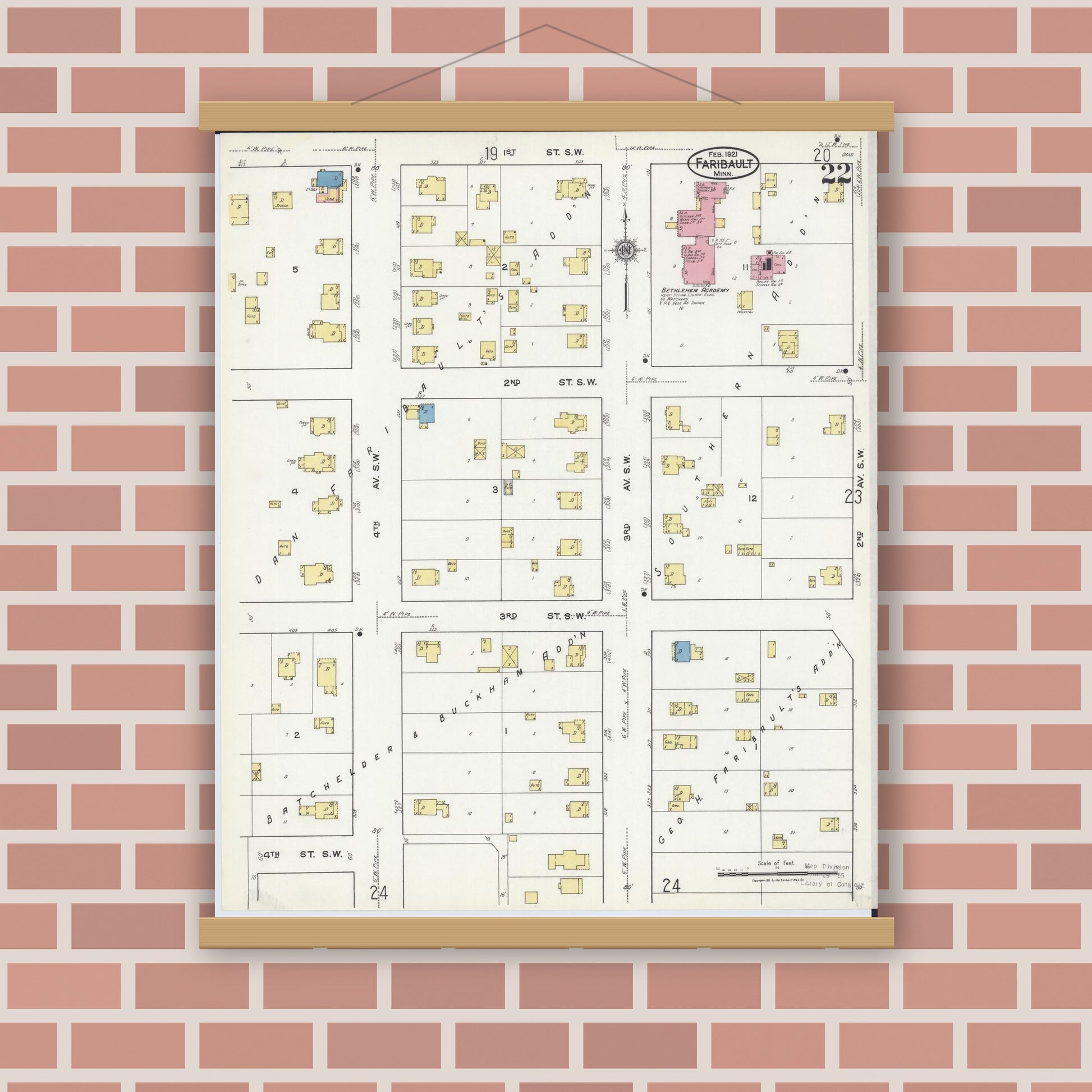 Old map wall art mockup — magnetic wood frame on brick wall — Sanborn Fire Insurance Map from Faribault, Rice County, Minnesota (1921), Sheet #0022