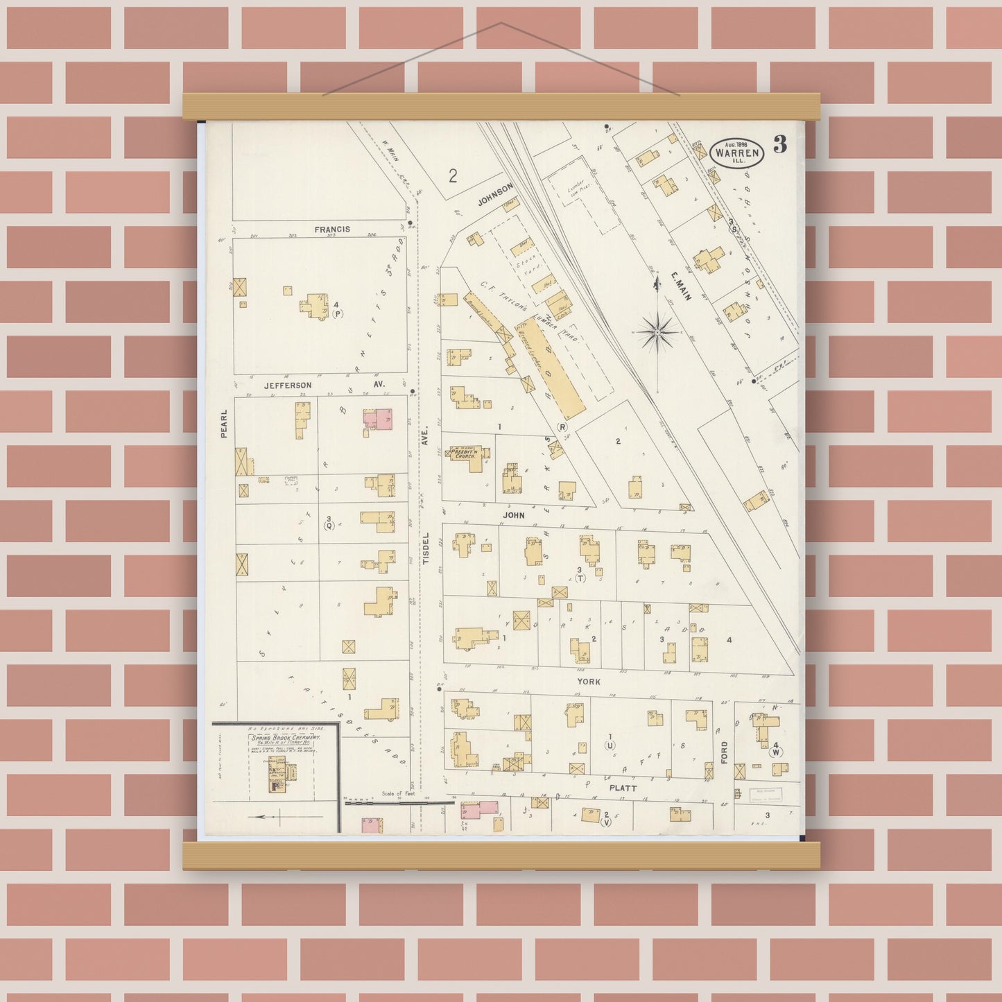 Old map wall art mockup — magnetic wood frame on brick wall — Sanborn Fire Insurance Map from Warren, Jo Daviess County, Illinois (1898), Sheet #0003