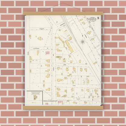 Old map wall art mockup — magnetic wood frame on brick wall — Sanborn Fire Insurance Map from Warren, Jo Daviess County, Illinois (1898), Sheet #0003