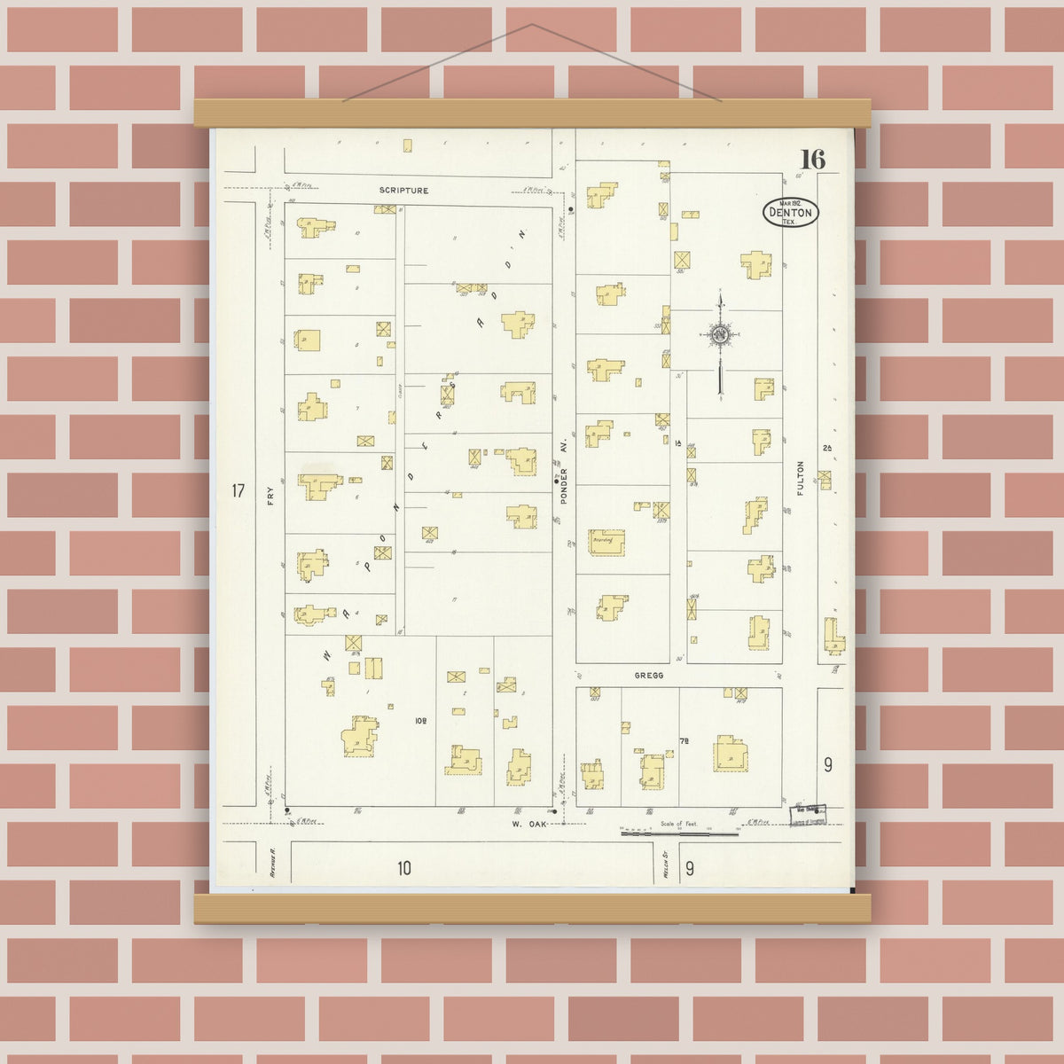 Old map wall art mockup — magnetic wood frame on brick wall — Sanborn Fire Insurance Map from Denton, Denton County, Texas (1912), Sheet #0016