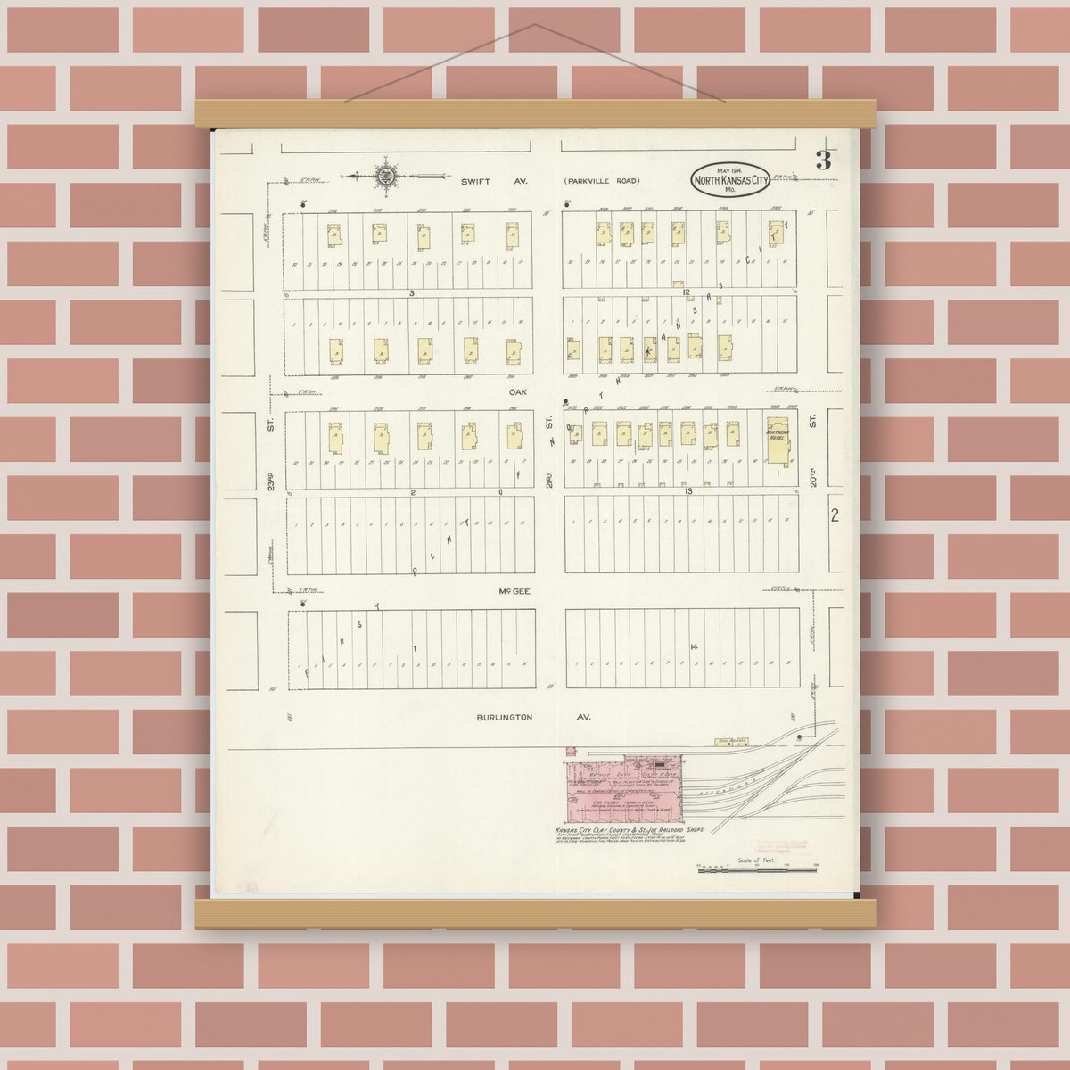 Old map wall art mockup — magnetic wood frame on brick wall — Sanborn Fire Insurance Map from North Kansas City, Clay County, Missouri (1914), Sheet #0003