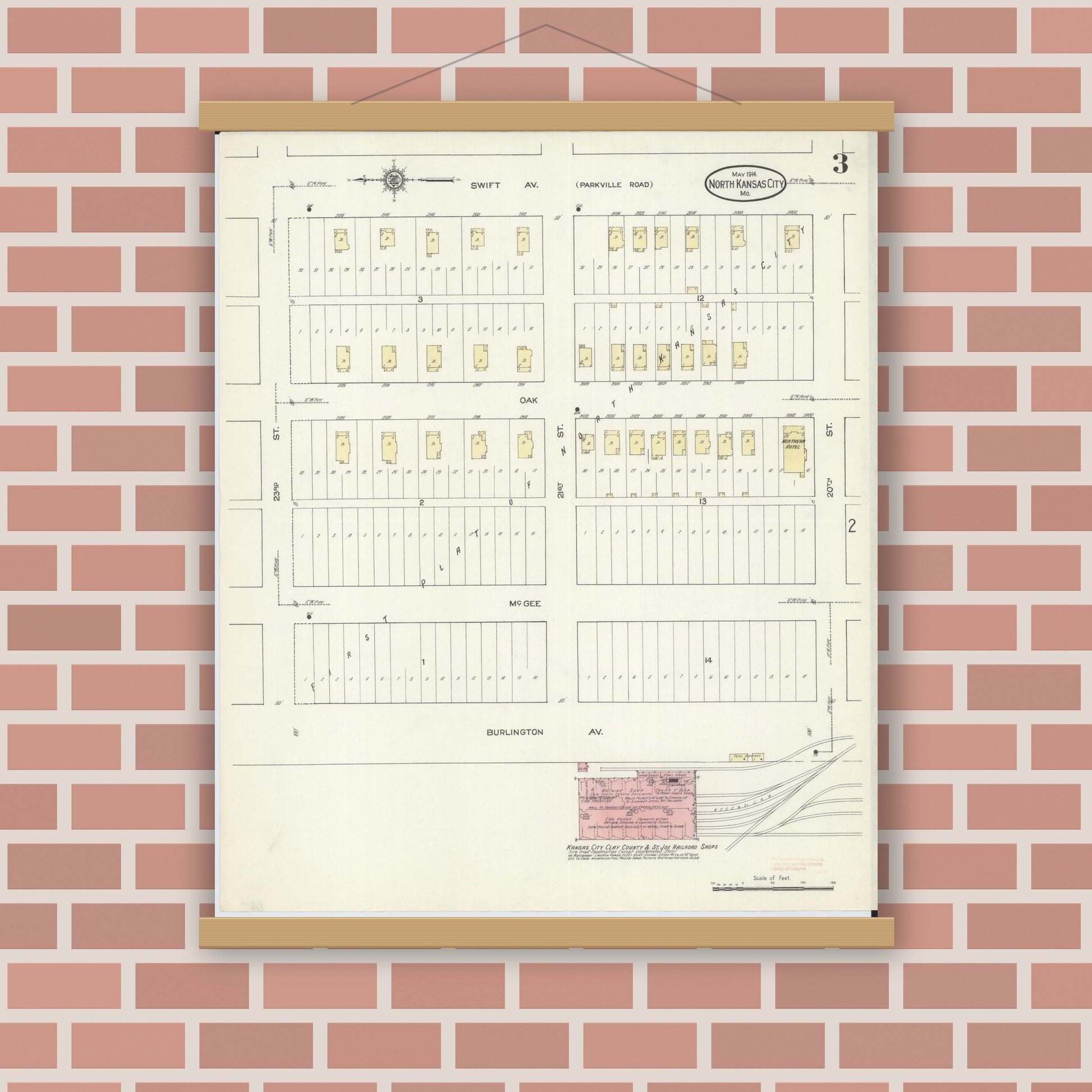 Old map wall art mockup — magnetic wood frame on brick wall — Sanborn Fire Insurance Map from North Kansas City, Clay County, Missouri (1914), Sheet #0003