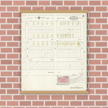 Old map wall art mockup — magnetic wood frame on brick wall — Sanborn Fire Insurance Map from North Kansas City, Clay County, Missouri (1914), Sheet #0003