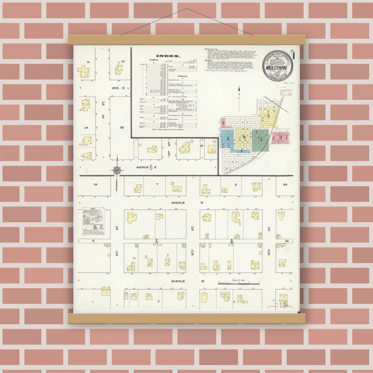 Old map wall art mockup — magnetic wood frame on brick wall — Sanborn Fire Insurance Map from Midlothian, Ellis County, Texas (1910), Sheet #0001