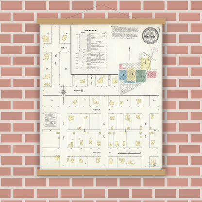 Old map wall art mockup — magnetic wood frame on brick wall — Sanborn Fire Insurance Map from Midlothian, Ellis County, Texas (1910), Sheet #0001