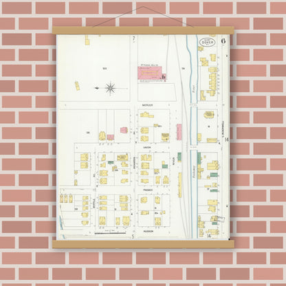 Old map wall art mockup — magnetic wood frame on brick wall — Sanborn Fire Insurance Map from Dover, Morris County, New Jersey (1900), Sheet #0006