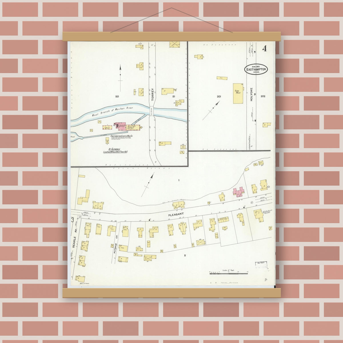 Old map wall art mockup — magnetic wood frame on brick wall — Sanborn Fire Insurance Map from East Hampton, Hampshire County, Massachusetts (1910), Sheet #0004