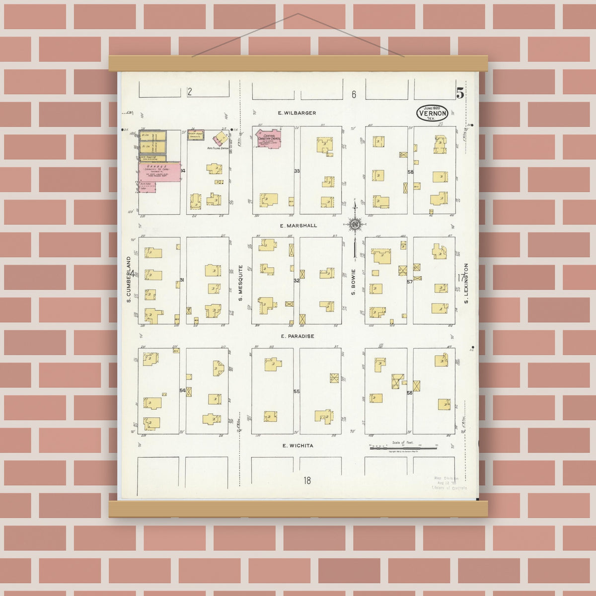 Old map wall art mockup — magnetic wood frame on brick wall — Sanborn Fire Insurance Map from Vernon, Wilbarger County, Texas (1920), Sheet #0005