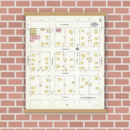 Old map wall art mockup — magnetic wood frame on brick wall — Sanborn Fire Insurance Map from Vernon, Wilbarger County, Texas (1920), Sheet #0005