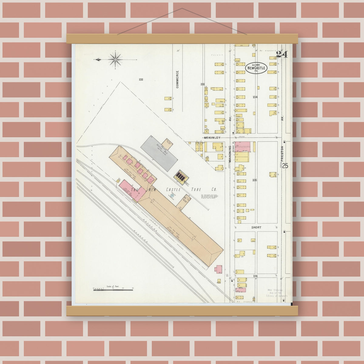 Old map wall art mockup — magnetic wood frame on brick wall — Sanborn Fire Insurance Map from New Castle, Lawrence County, Pennsylvania (1899), Sheet #0024