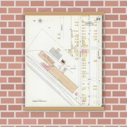 Old map wall art mockup — magnetic wood frame on brick wall — Sanborn Fire Insurance Map from New Castle, Lawrence County, Pennsylvania (1899), Sheet #0024