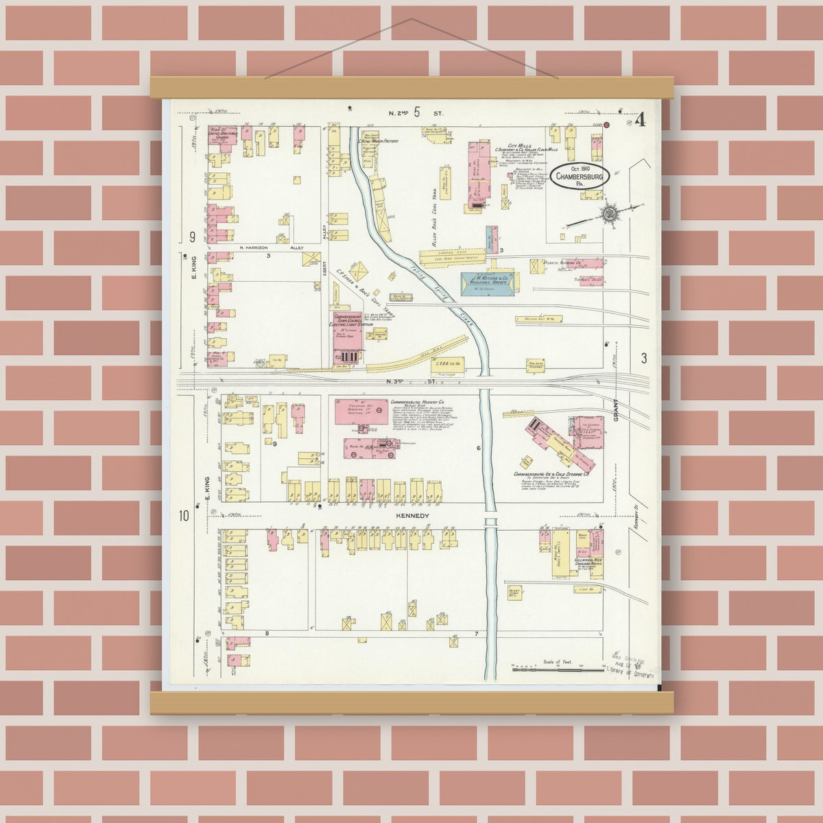 Old map wall art mockup — magnetic wood frame on brick wall — Sanborn Fire Insurance Map from Chambersburg, Franklin County, Pennsylvania (1910), Sheet #0004