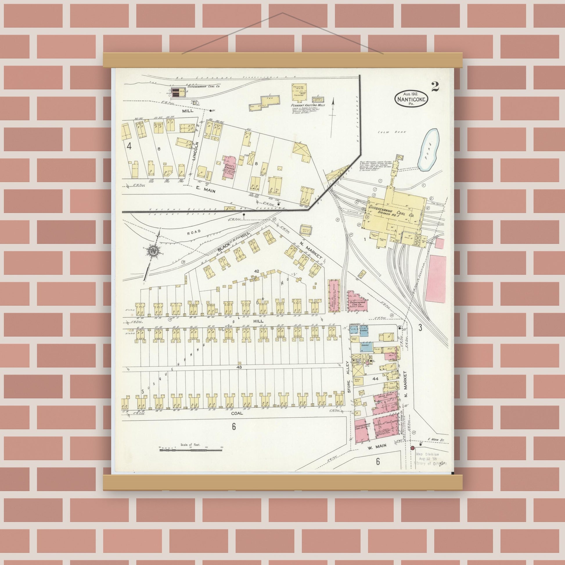Old map wall art mockup — magnetic wood frame on brick wall — Sanborn Fire Insurance Map from Nanticoke, Luzerne County, Pennsylvania (1912), Sheet #0002