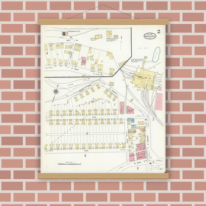 Old map wall art mockup — magnetic wood frame on brick wall — Sanborn Fire Insurance Map from Nanticoke, Luzerne County, Pennsylvania (1912), Sheet #0002