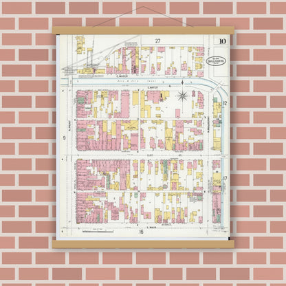 Old map wall art mockup — magnetic wood frame on brick wall — Sanborn Fire Insurance Map from Chillicothe, Ross County, Ohio (1900), Sheet #0010