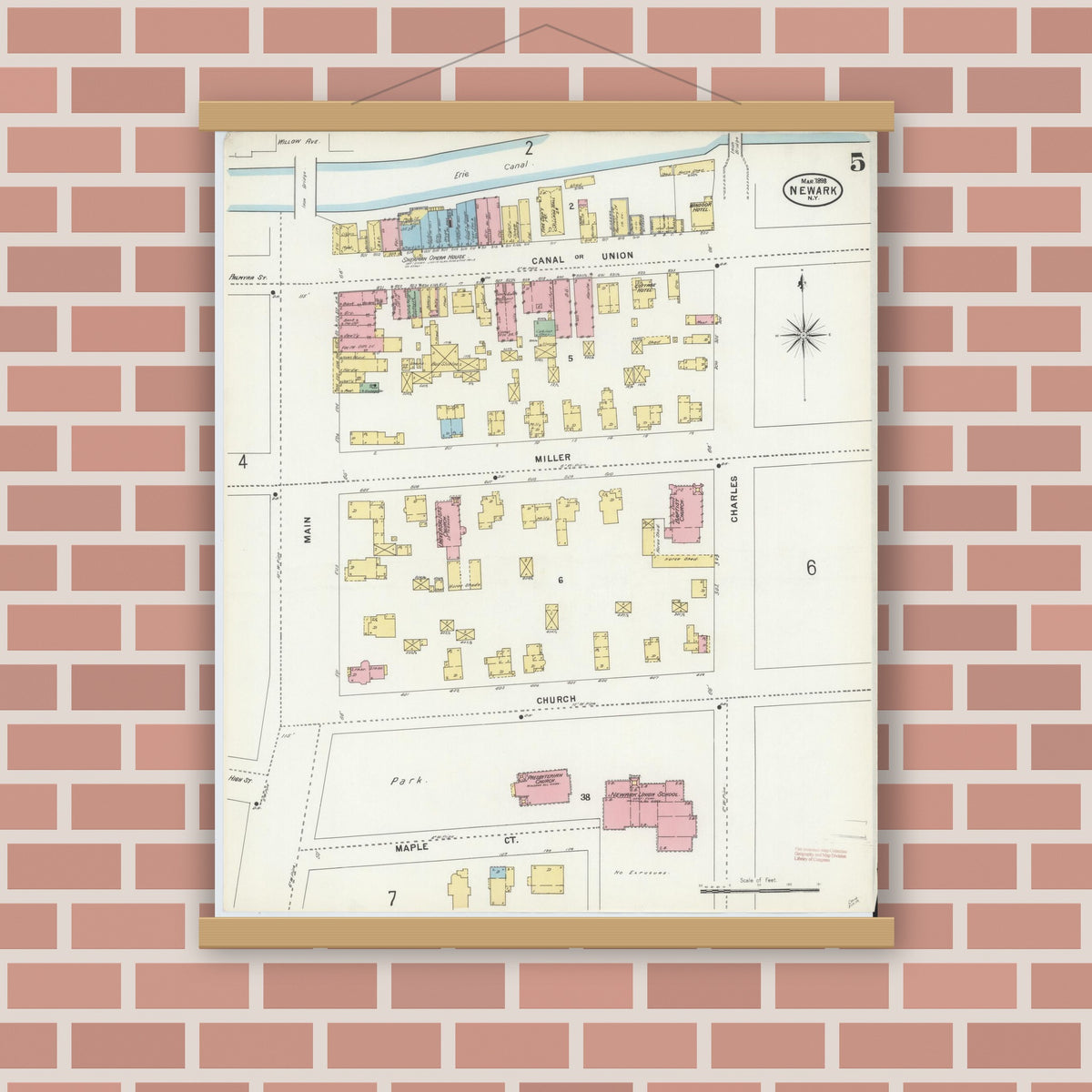 Old map wall art mockup — magnetic wood frame on brick wall — Sanborn Fire Insurance Map from Newark, Wayne County, New York (1898), Sheet #0005