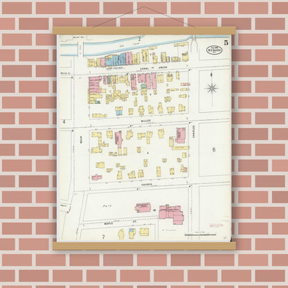 Old map wall art mockup — magnetic wood frame on brick wall — Sanborn Fire Insurance Map from Newark, Wayne County, New York (1898), Sheet #0005