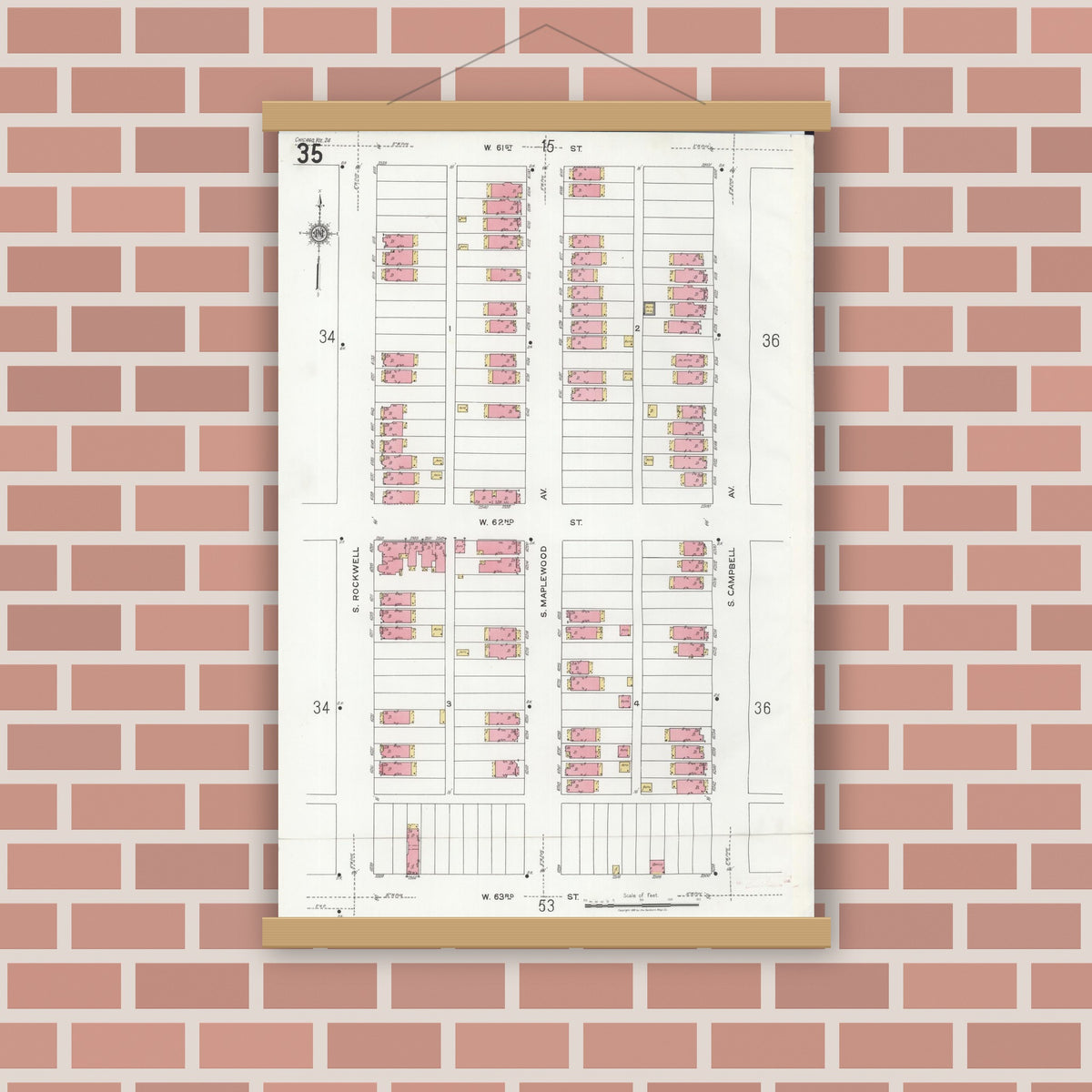 Old map wall art mockup — magnetic wood frame on brick wall — Sanborn Fire Insurance Map from Chicago, Cook County, Illinois (1920), Sheet #0035